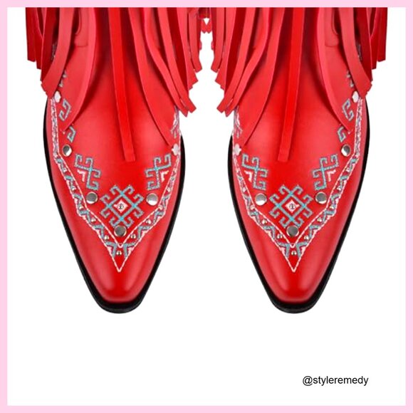 Fringe Cowboy Boots Women Mid Calf Pull On Chunky Heel Embroidered Western - Picture 6 of 7